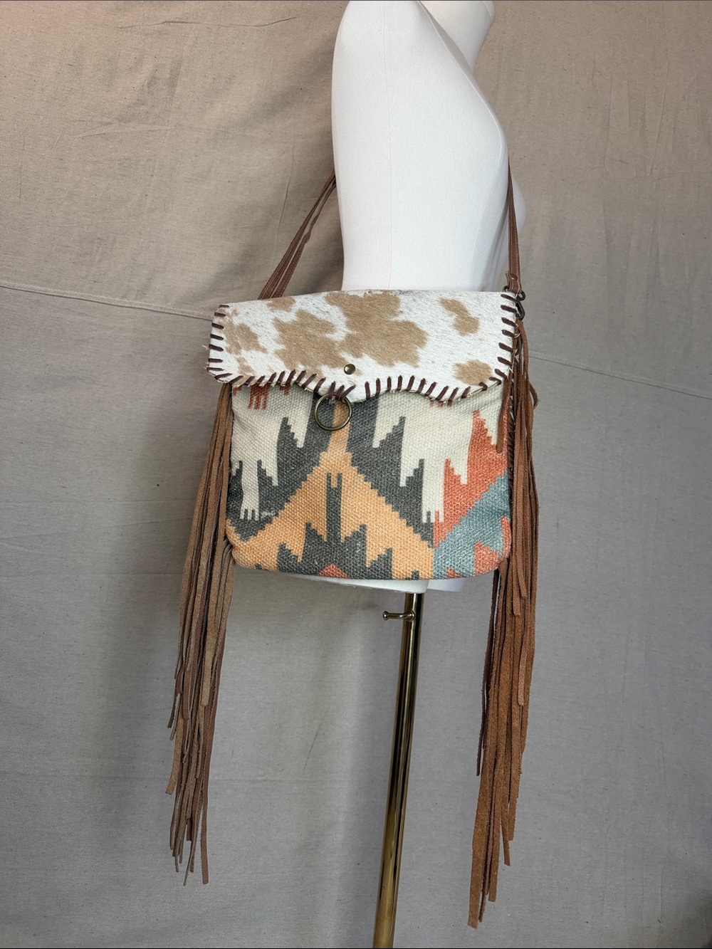 OLAY Southwestern Fringe Crossbody Bag - Tan/White/Gray/Orange/Blue